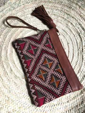 Kilim and leather boho clutch bag