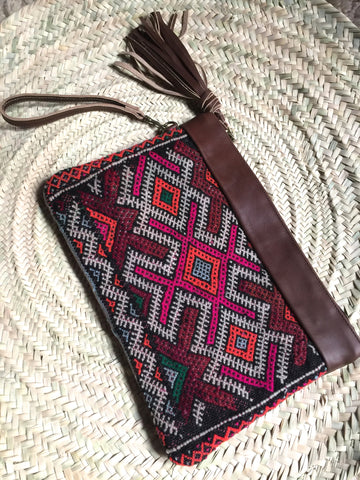 Kilim and leather boho clutch bag