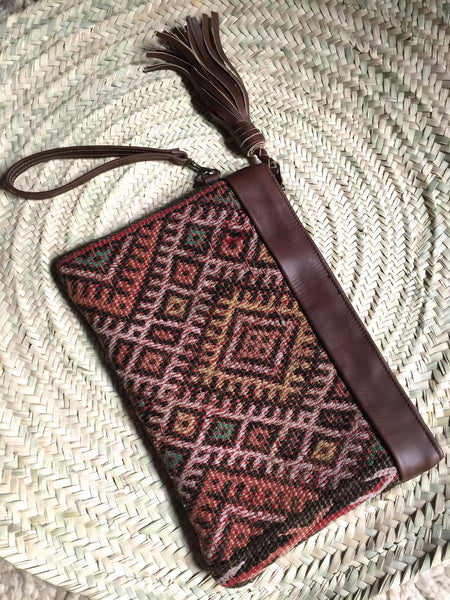 Kilim and leather boho clutch bag
