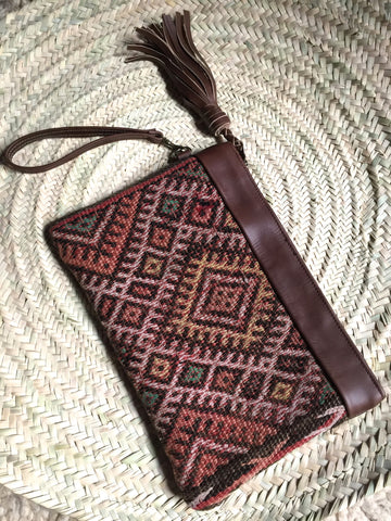 Kilim and leather boho clutch bag