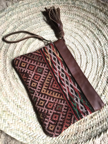 Kilim and leather boho clutch bag