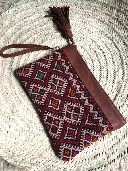 Kilim and leather boho clutch bag