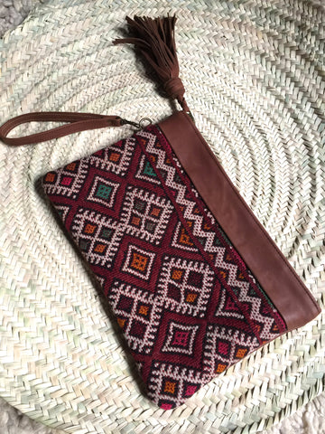 Kilim and leather boho clutch bag