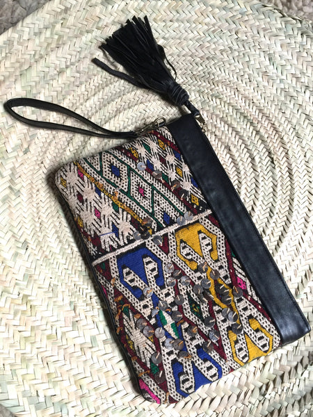 Kilim and leather boho clutch bag