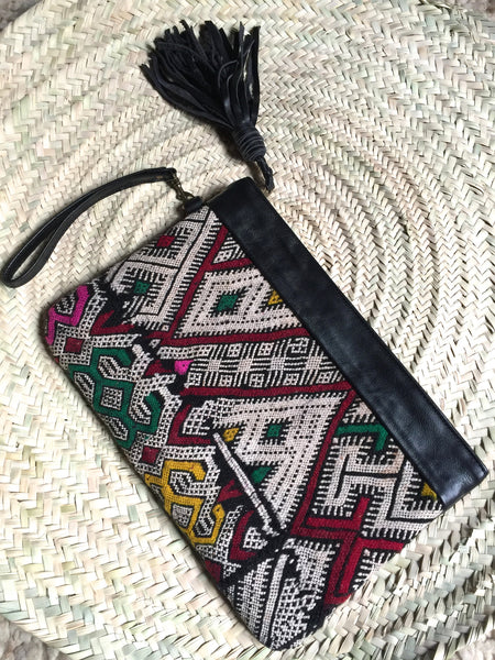 Kilim and leather boho clutch bag