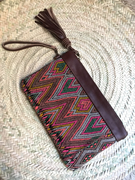 Kilim and leather boho clutch bag