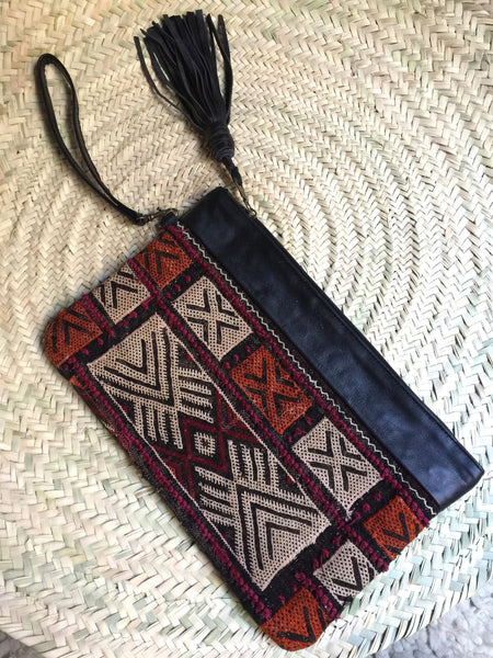 Kilim and leather boho clutch bag