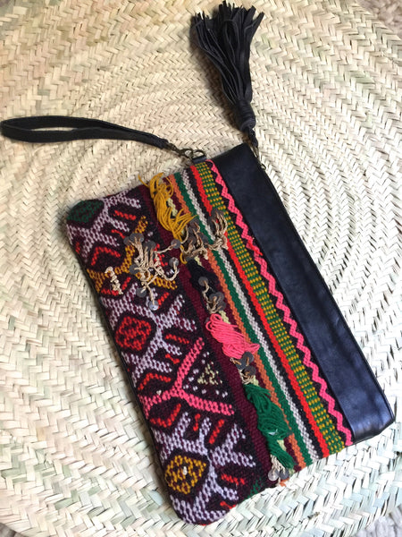 Kilim and leather boho clutch bag