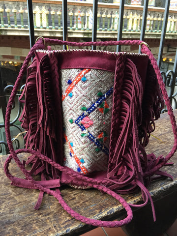Burgundy leather and kilim BOHO bag